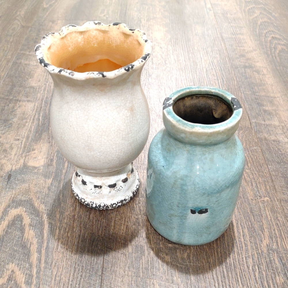 Set Of Two Vintage Cream and Blue Ceramic Vases